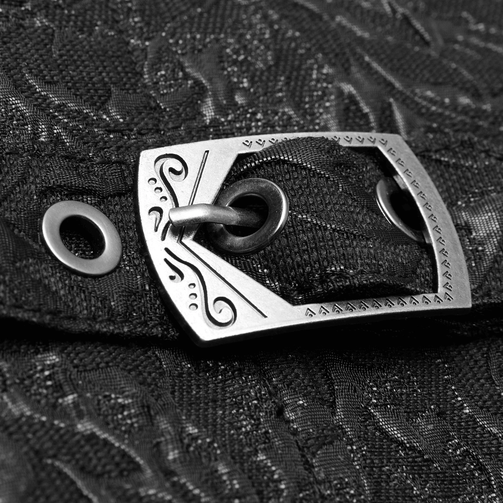 Close-up of ornate silver metal buckle hardware on black jacquard gothic waistcoat back