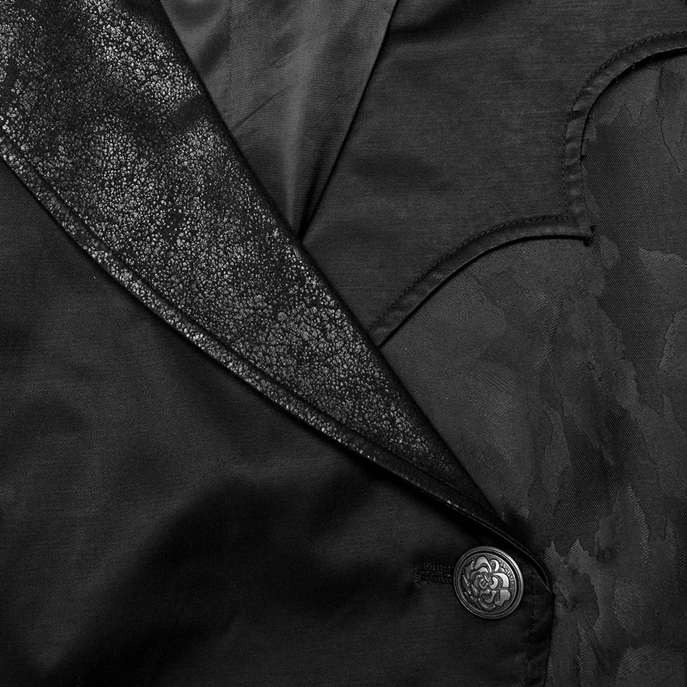 Gothic waistcoat carved metal button details showing ornamental gothic etching and craftsmanship on fasteners