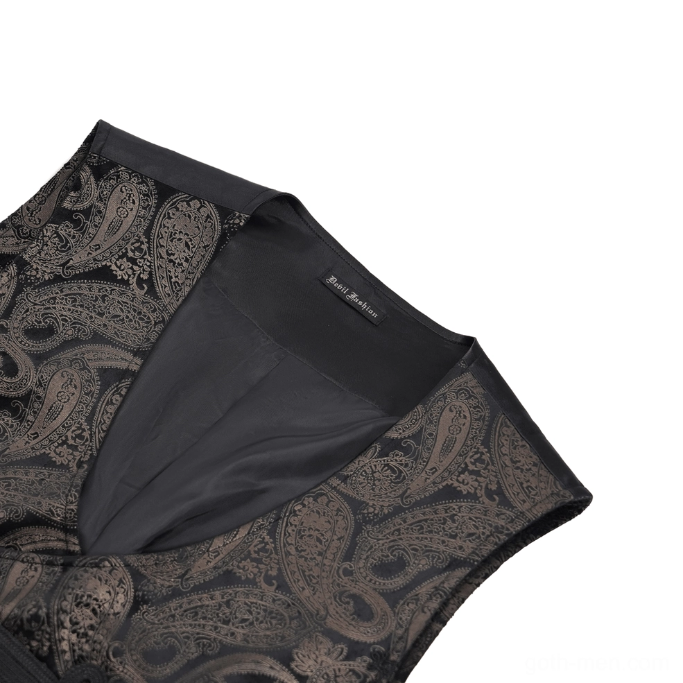 Close-up flat lay of waistcoat top showing paisley jacquard weave and black lining with collar tag