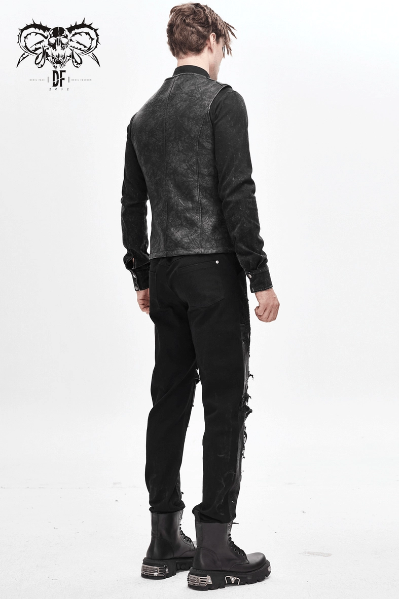 Asymmetric black gothic waistcoat club night styling with mesh layering and chain accessories