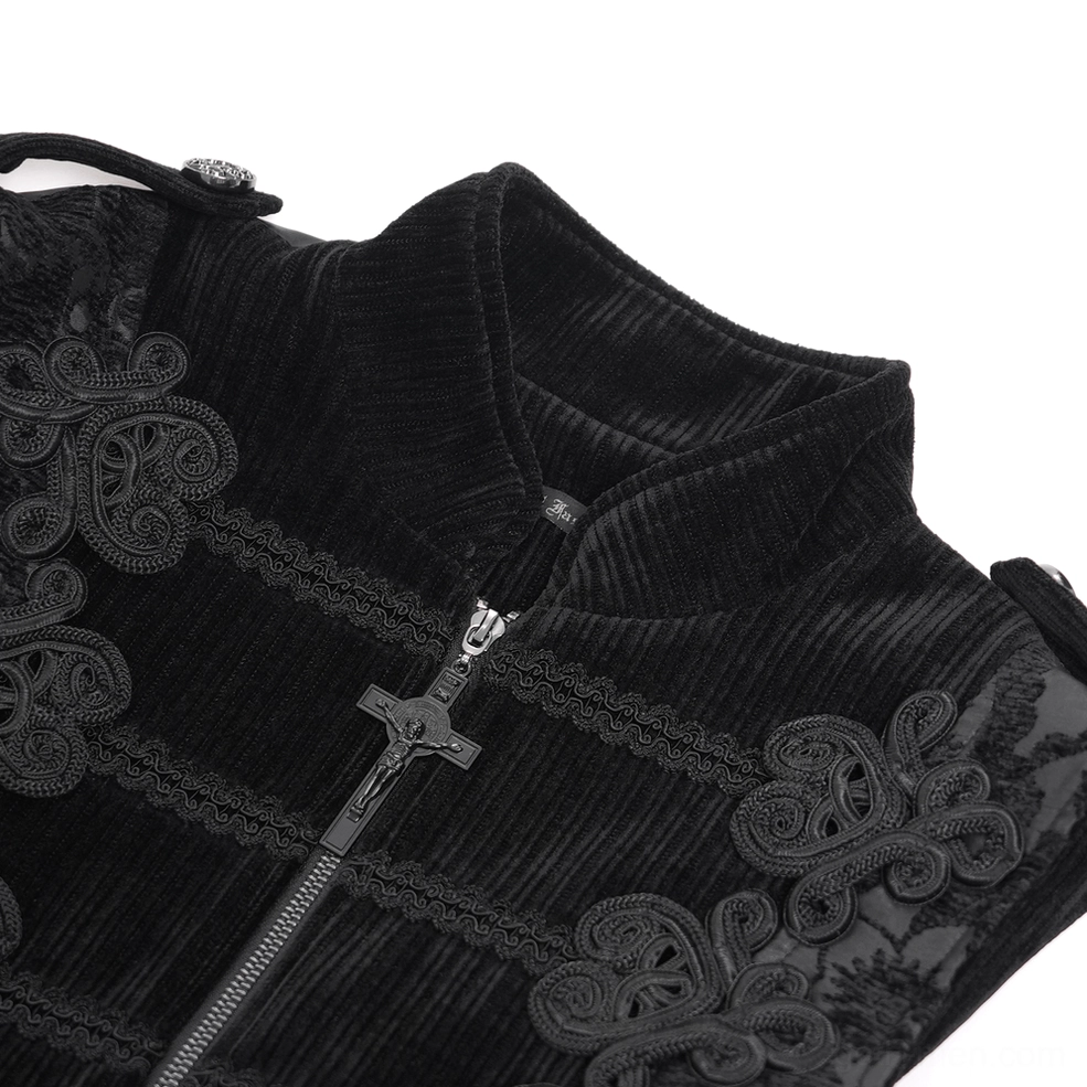 Close-up of gothic waistcoat stand collar and cross-shaped metal zipper detail