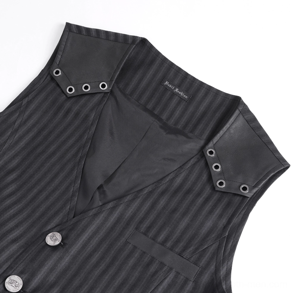 Gothic waistcoat collar detail showing v-neck construction faux leather trim metal eyelets
