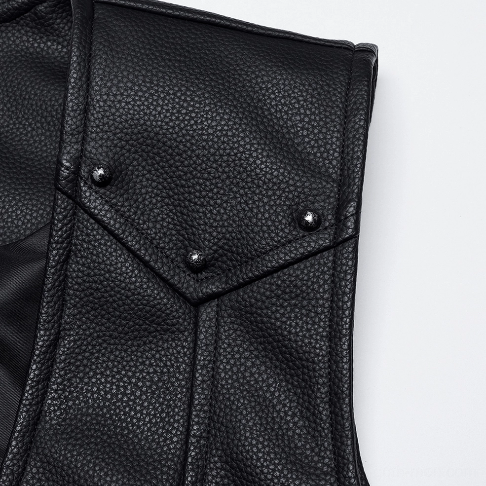 Close-up detail of collar and shoulder metal rivets on black gothic faux leather waistcoat