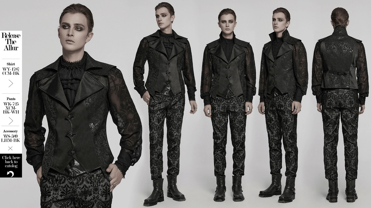 Black jacquard gothic waistcoat front styled view displaying the complete aesthetic with double-layer shoulder design and Victorian-gothic elegance