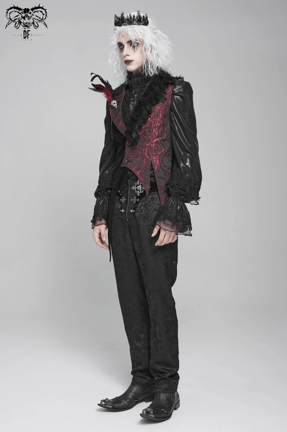 Mannequin display of gothic waistcoat front view showing complete embellishment arrangement and color distribution