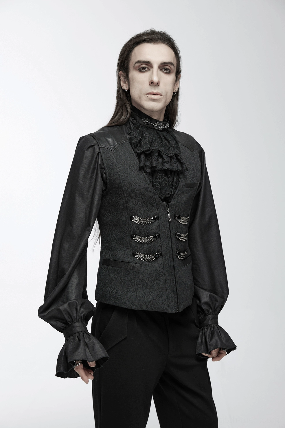 Black damask gothic waistcoat complete product view emphasizing dragon-scale wing trims and sophisticated dark fashion aesthetic