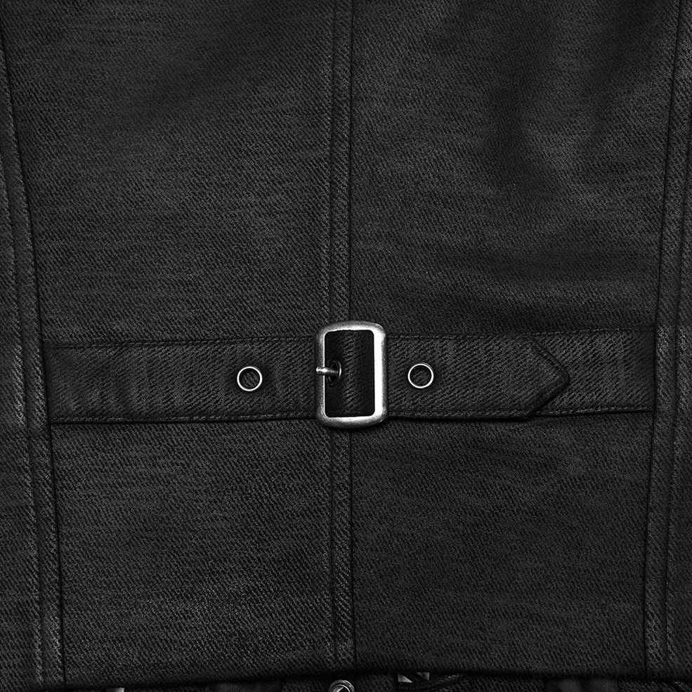 Black metal eyelet laced gothic waistcoat construction detail showing dual fabric blend