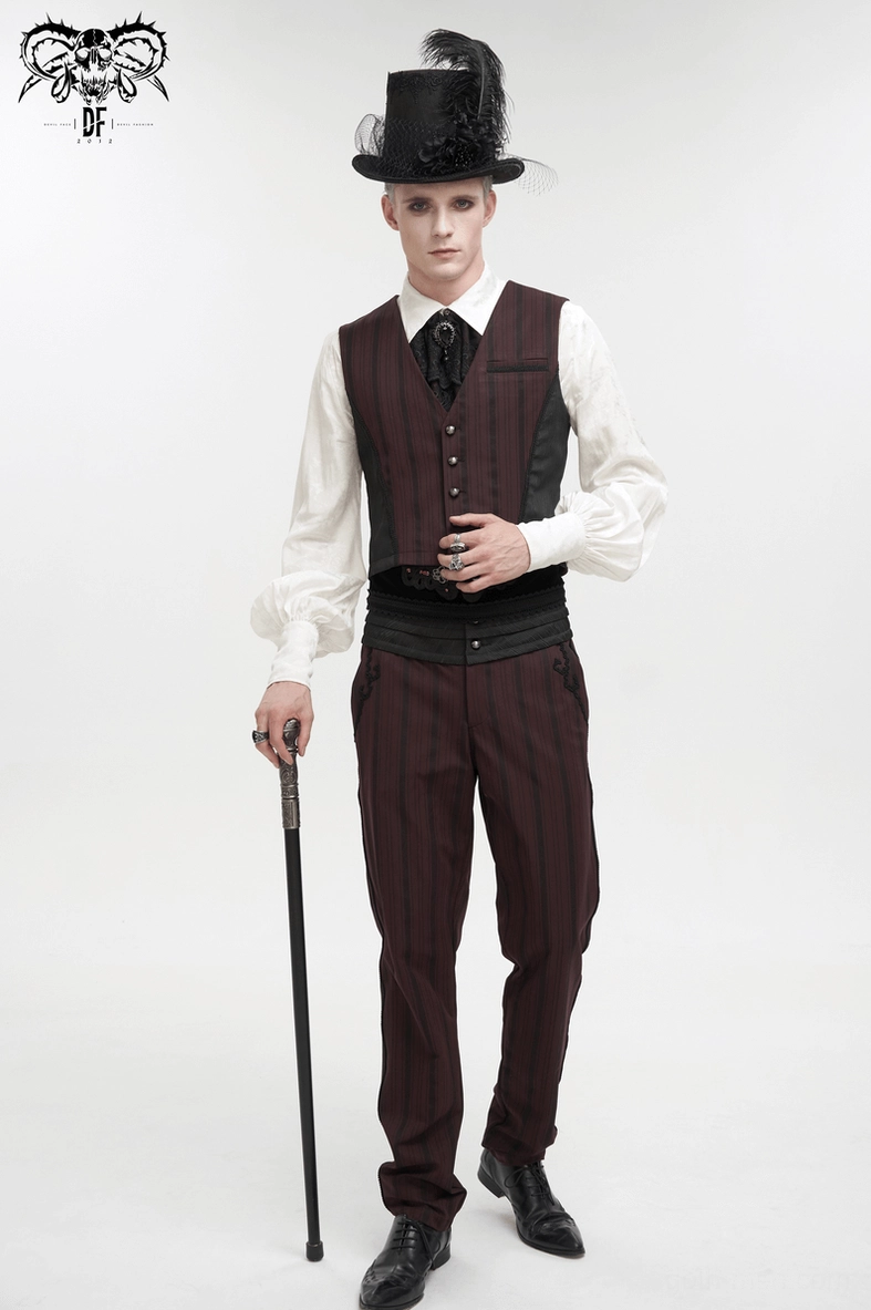 Close perspective of gothic waistcoat showing contrast between wine red striped front and black side panels