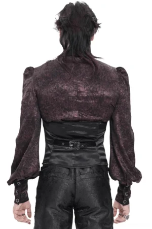 Black gothic waistcoat back view showing corset-style satin panel and adjustable leather buckle strap