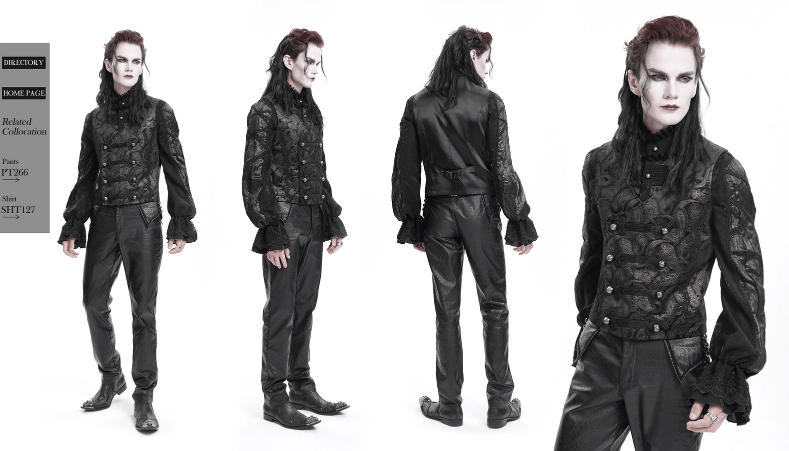 Complete styling view of men's black paisley gothic waistcoat as layering piece with costume coordination