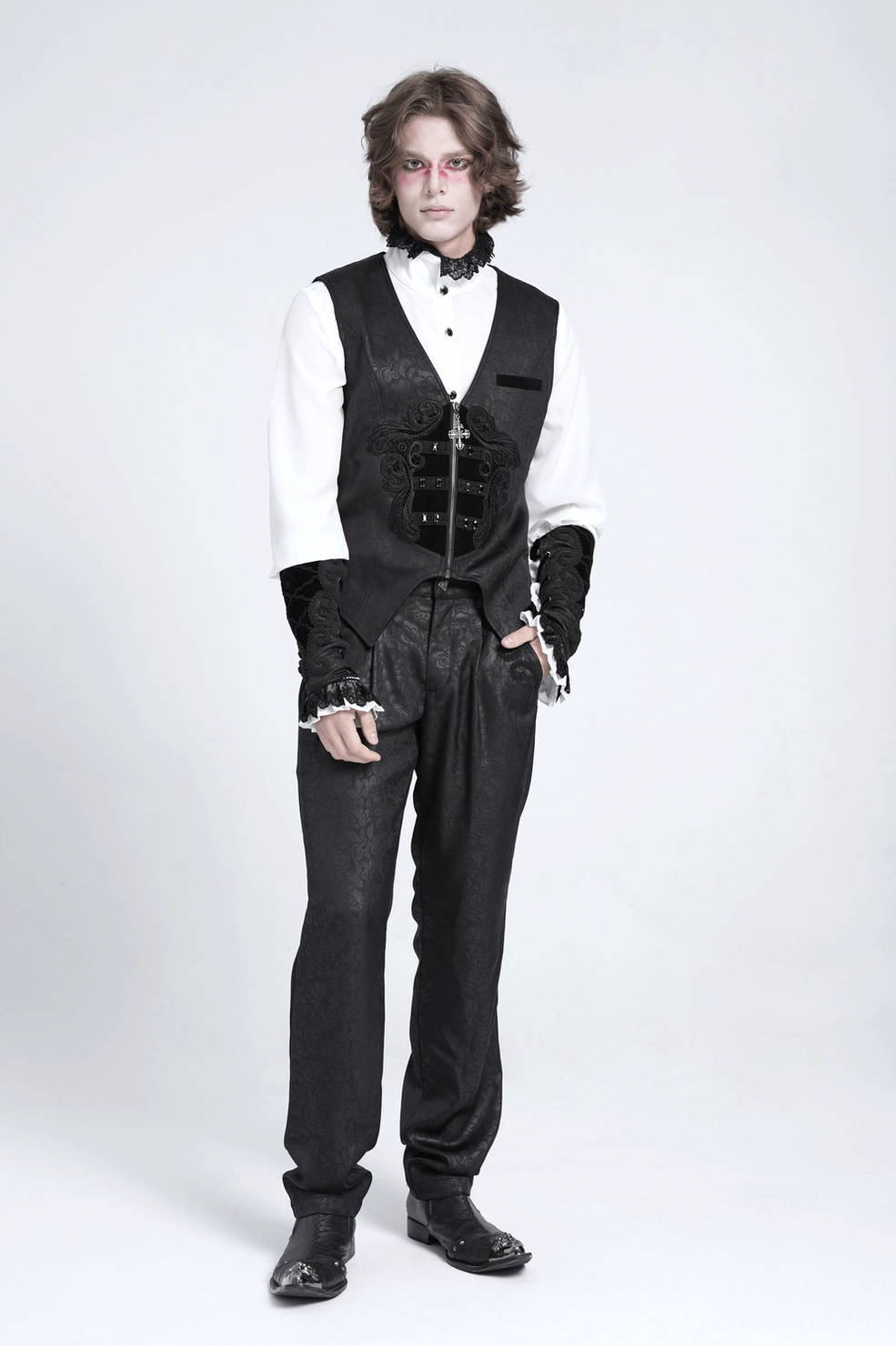 Black gothic floral waistcoat cross zip front closure detail and velvet strap system