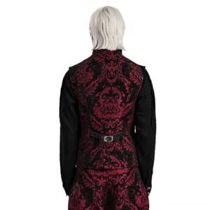 Gothic Victorian waistcoat rear view on platinum blonde male model, showing full red-black damask pattern, adjustable faux leather waist belt with metal buckle closure