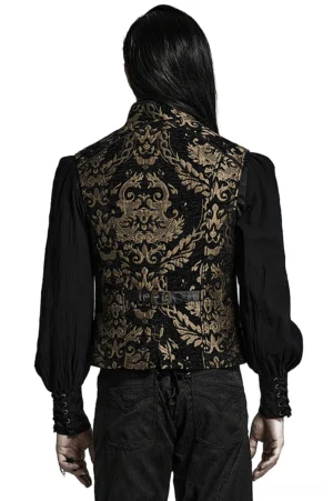 Black and gold damask waistcoat back view showing full brocade print and adjustable leather belt strap