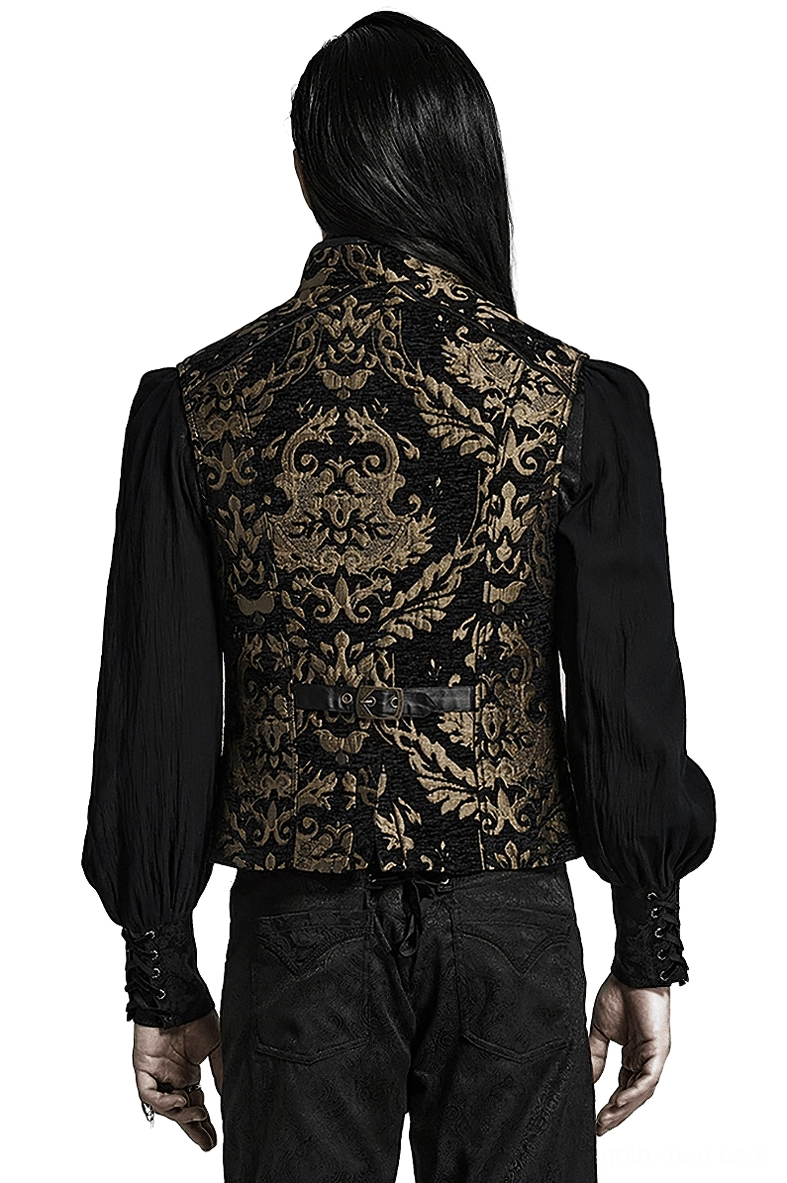 Black and gold damask waistcoat back view showing full brocade print and adjustable leather belt strap