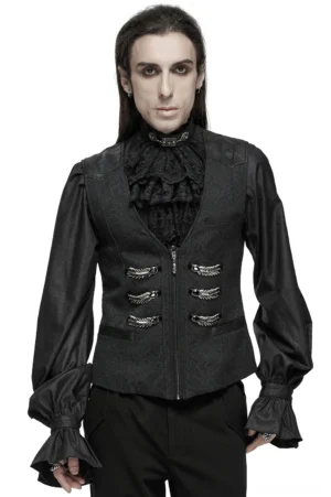 Black damask jacquard gothic waistcoat front view on male model with ruffled shirt and wing metal trims