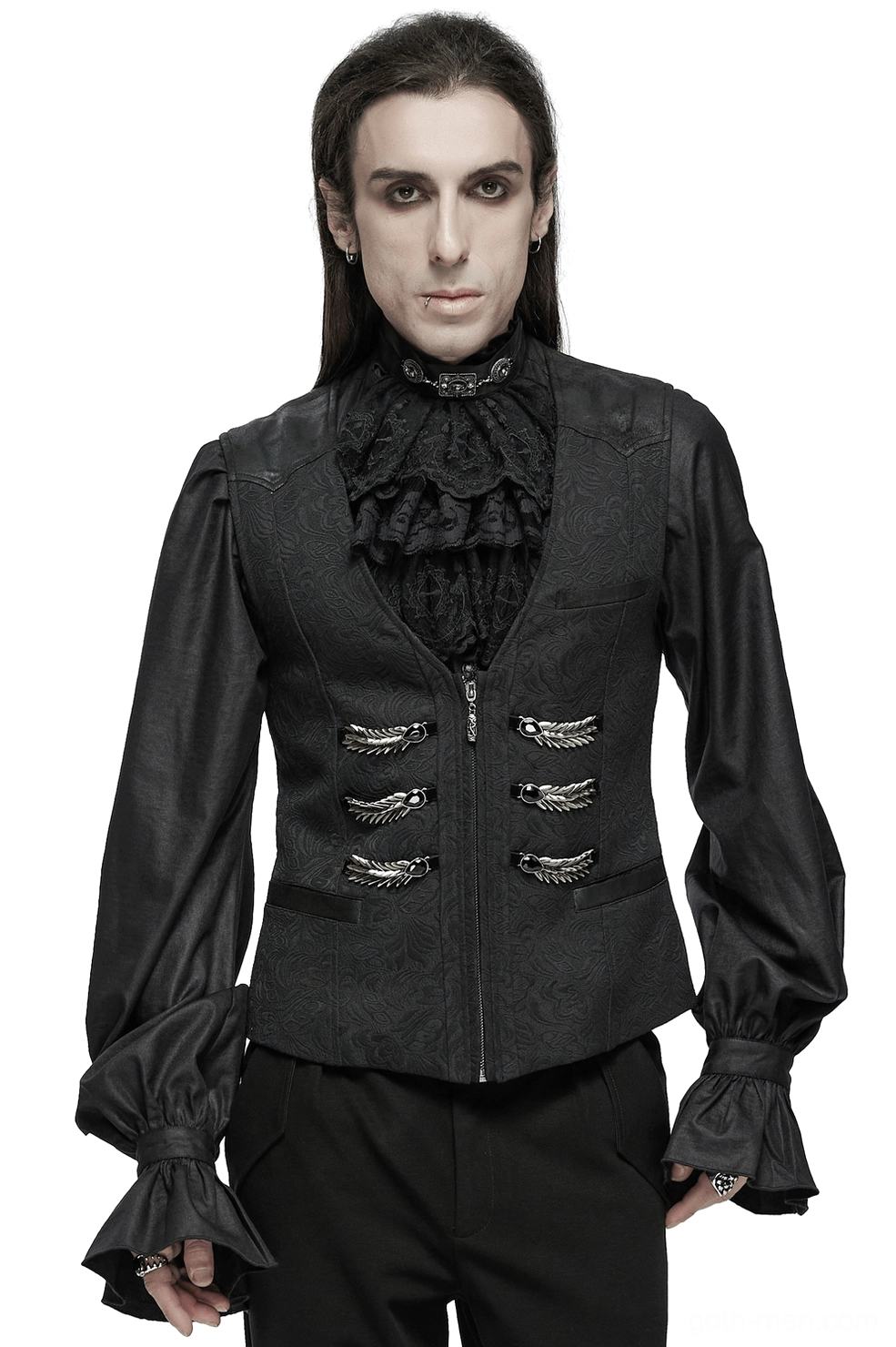Black damask jacquard gothic waistcoat front view on male model with ruffled shirt and wing metal trims