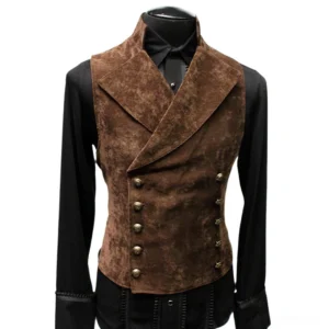 Dark brown suede gothic formal waistcoat on mannequin, structured double-breasted silhouette with Victorian-inspired tailoring