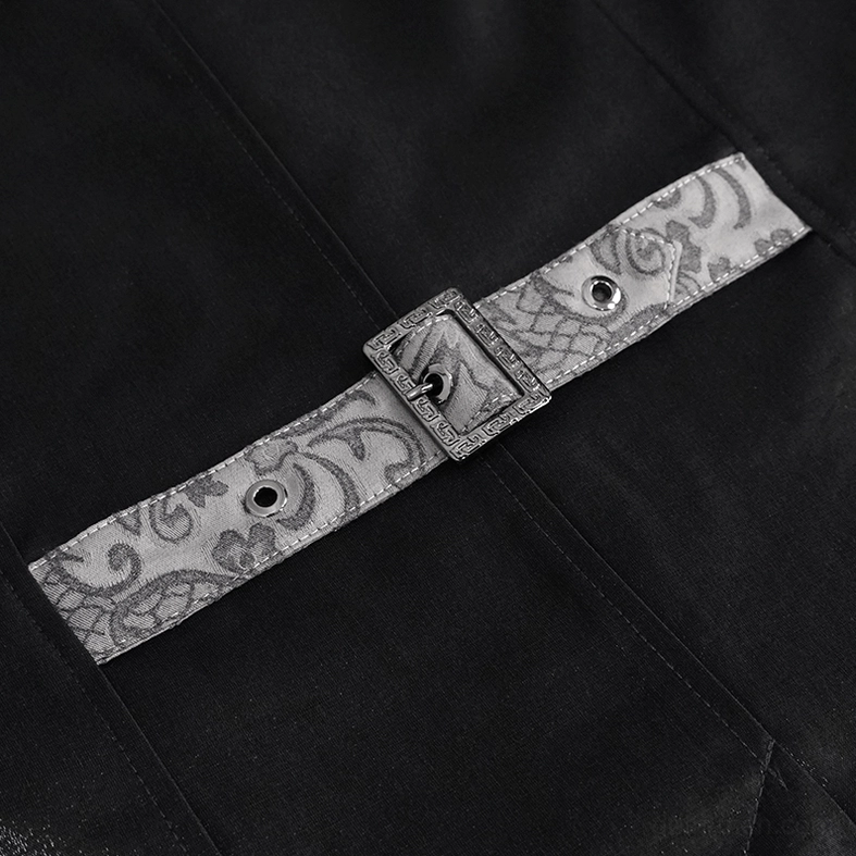 Macro detail of waistcoat waist adjustment strap with carved metal buckle and jacquard fabric
