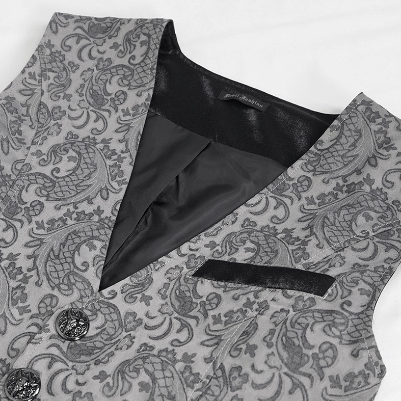 Close-up detail of men's gothic waistcoat collar, V-neckline, and vintage metal buttons on paisley jacquard