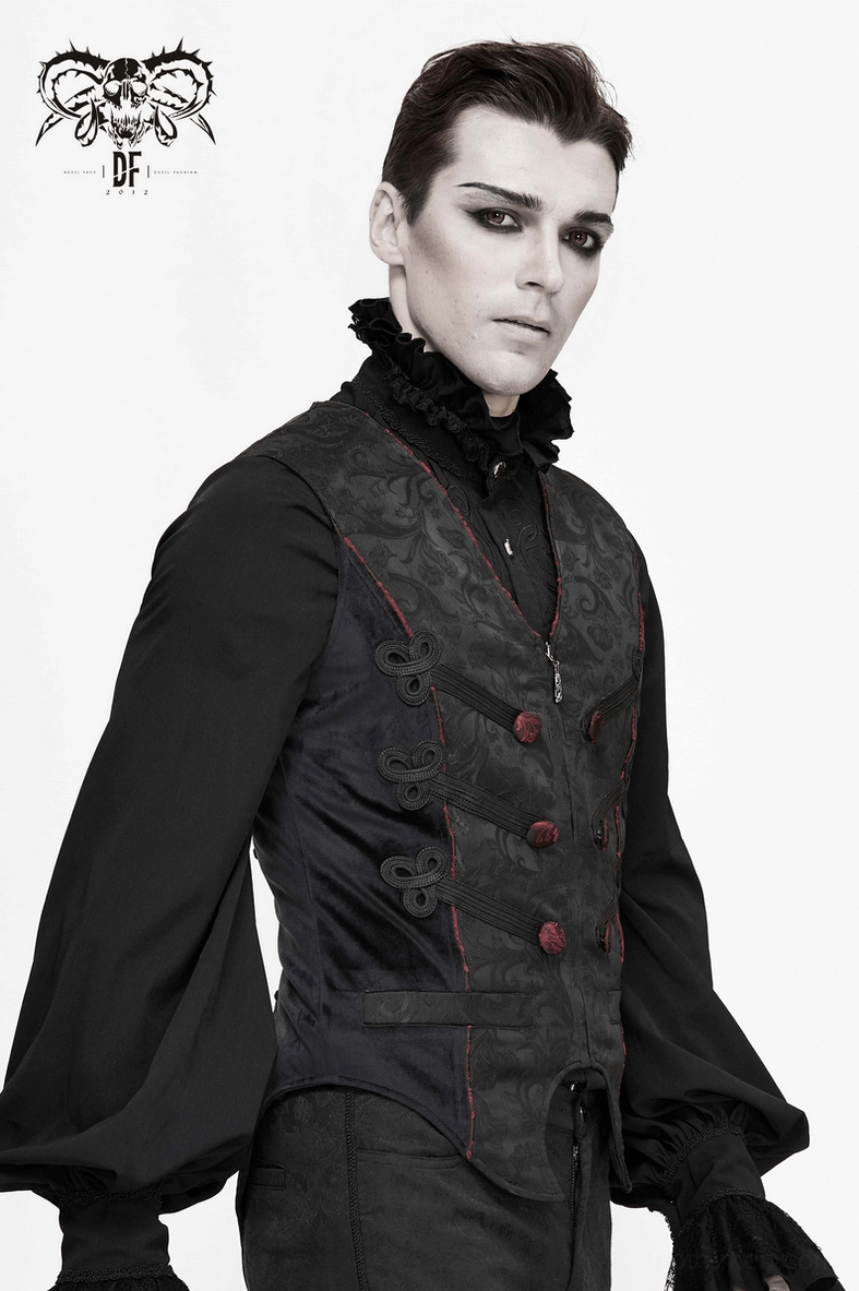 Black gothic waistcoat front and back view showing dual closure system zipper and frog fasteners