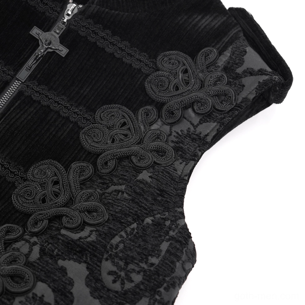 Close-up detail of gothic waistcoat embroidered front panels and velvet texture
