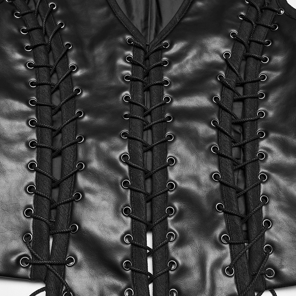 Close-up of black gothic waistcoat front lace-up eyelet and corset-style stitching