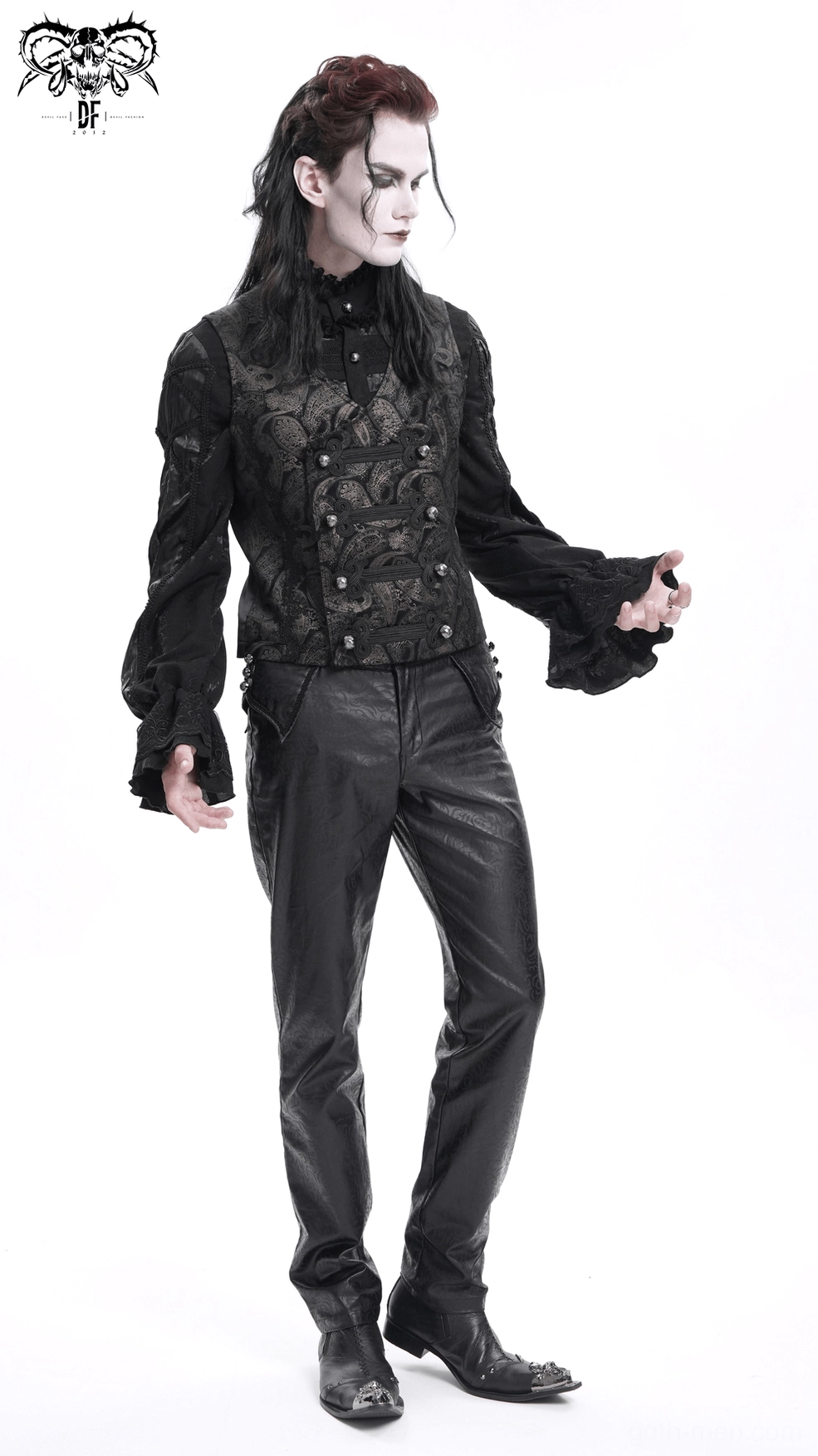 Gothic waistcoat fabric composition detail showing 95% polyester and 5% spandex blend quality