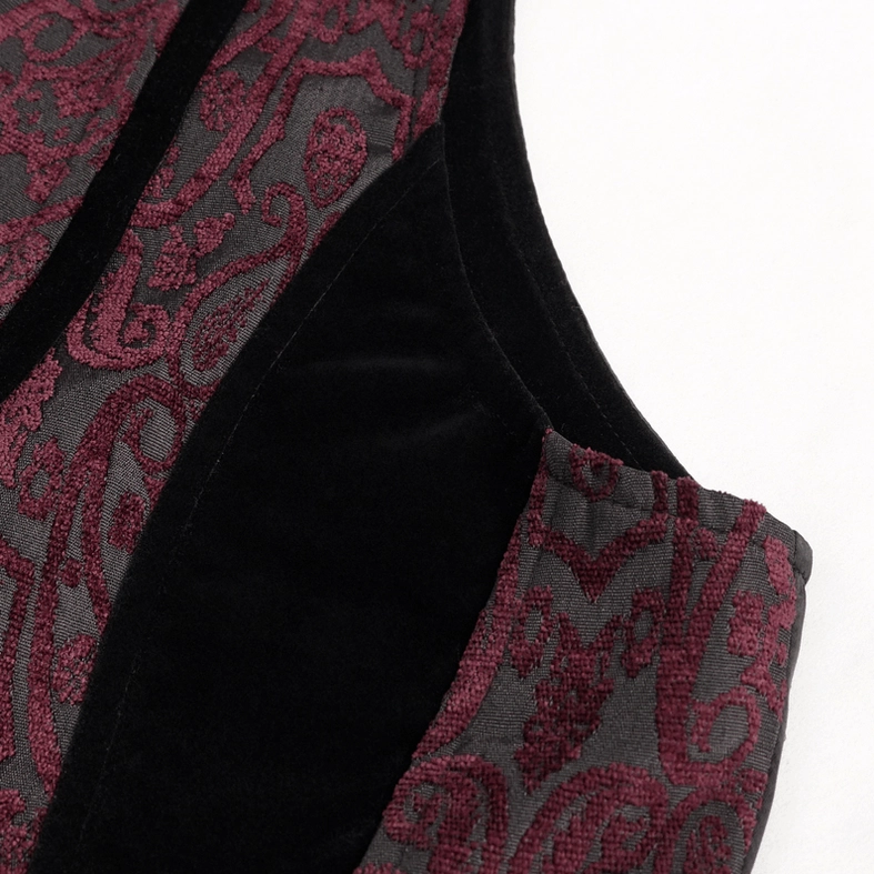 Close-up detail of gothic waistcoat showcasing contrasting damask jacquard and velvet textures on side panel