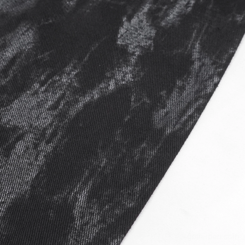 Black gothic waistcoat fabric texture close-up displaying marbled grey print on woven cotton twill base