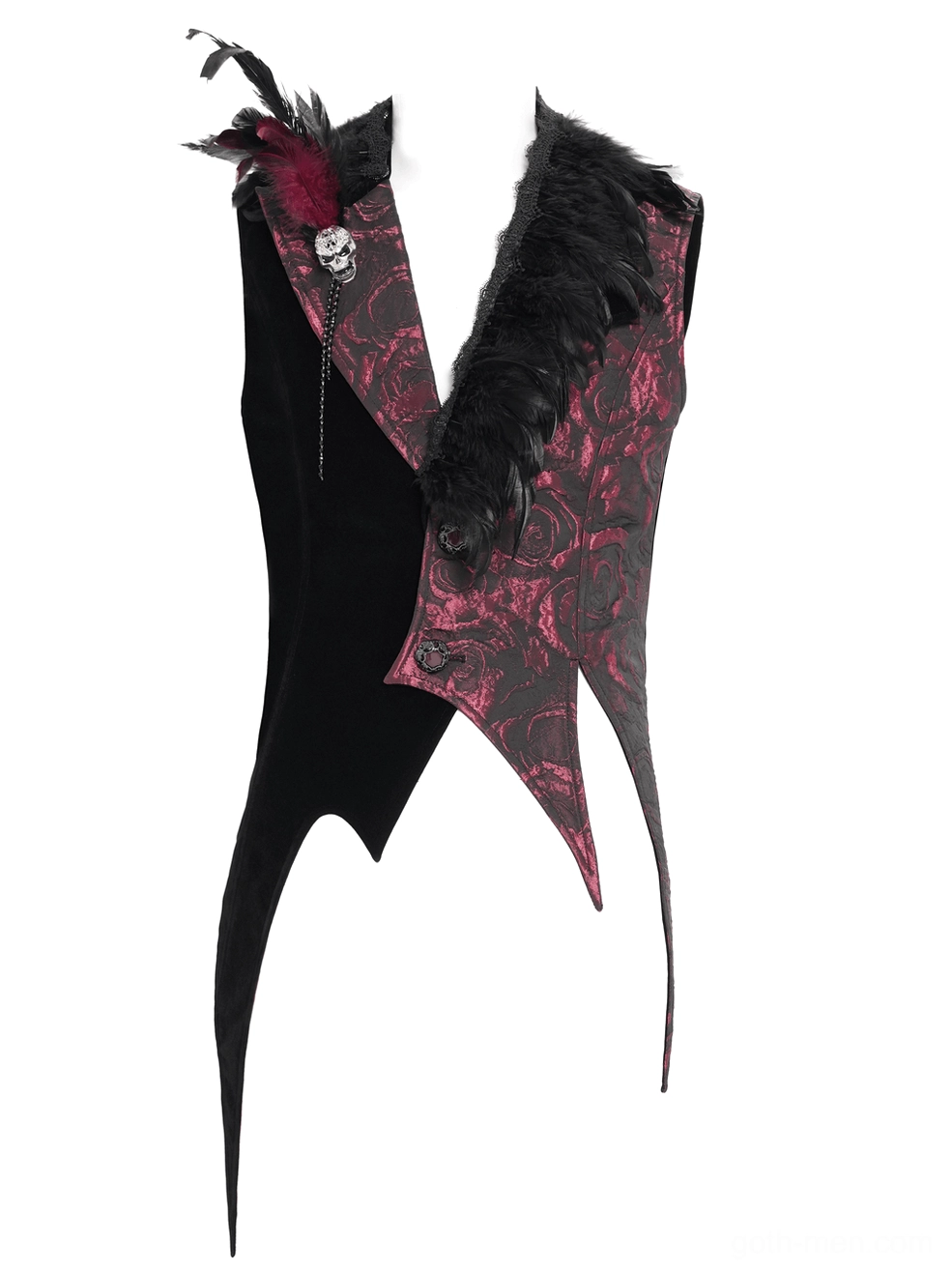 Left front angle of gothic waistcoat on mannequin showing feather lapel detail, skull brooch, and rose jacquard fabric texture