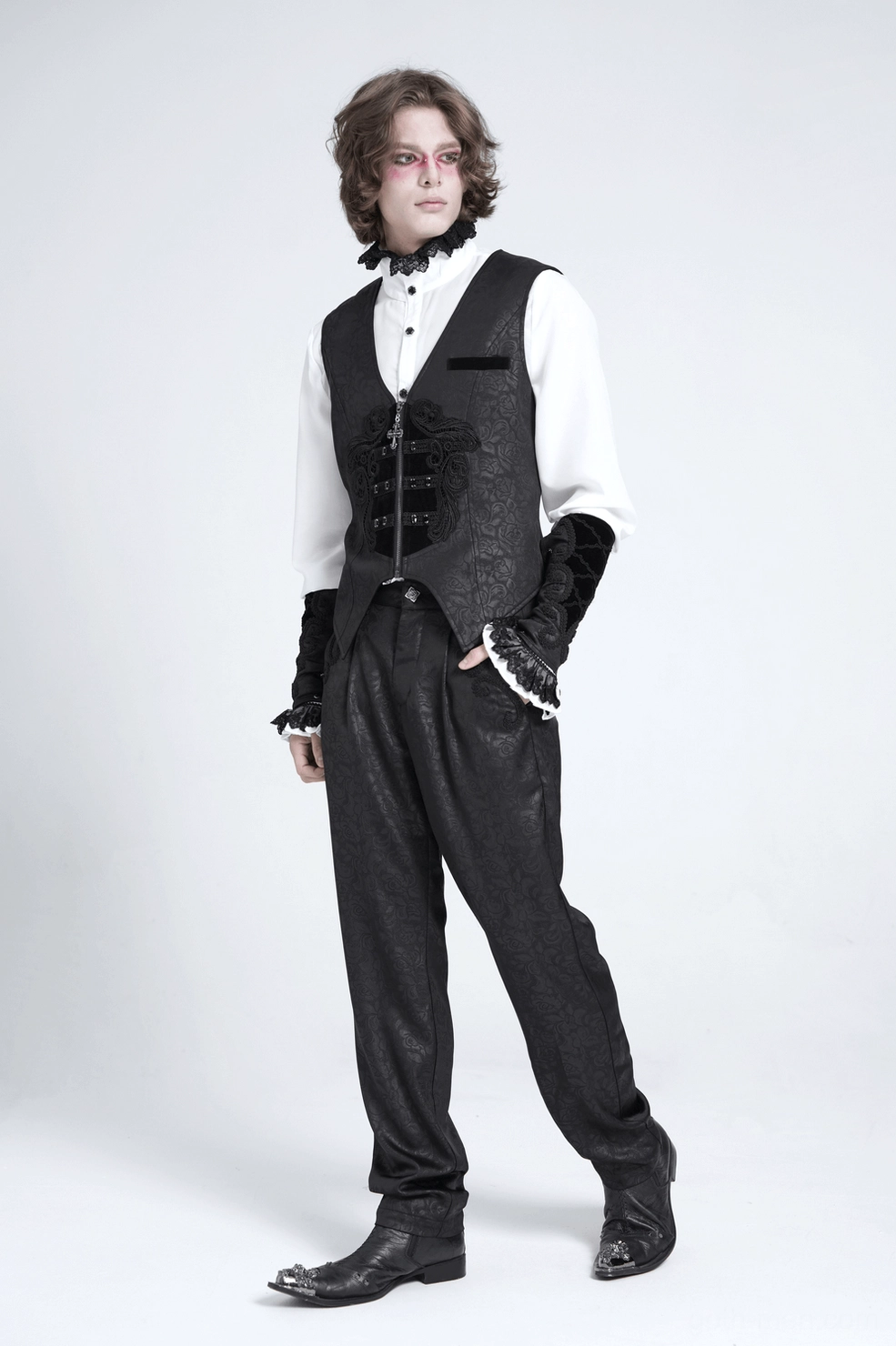 Black gothic floral waistcoat festival fashion styling with chains and statement jewelry