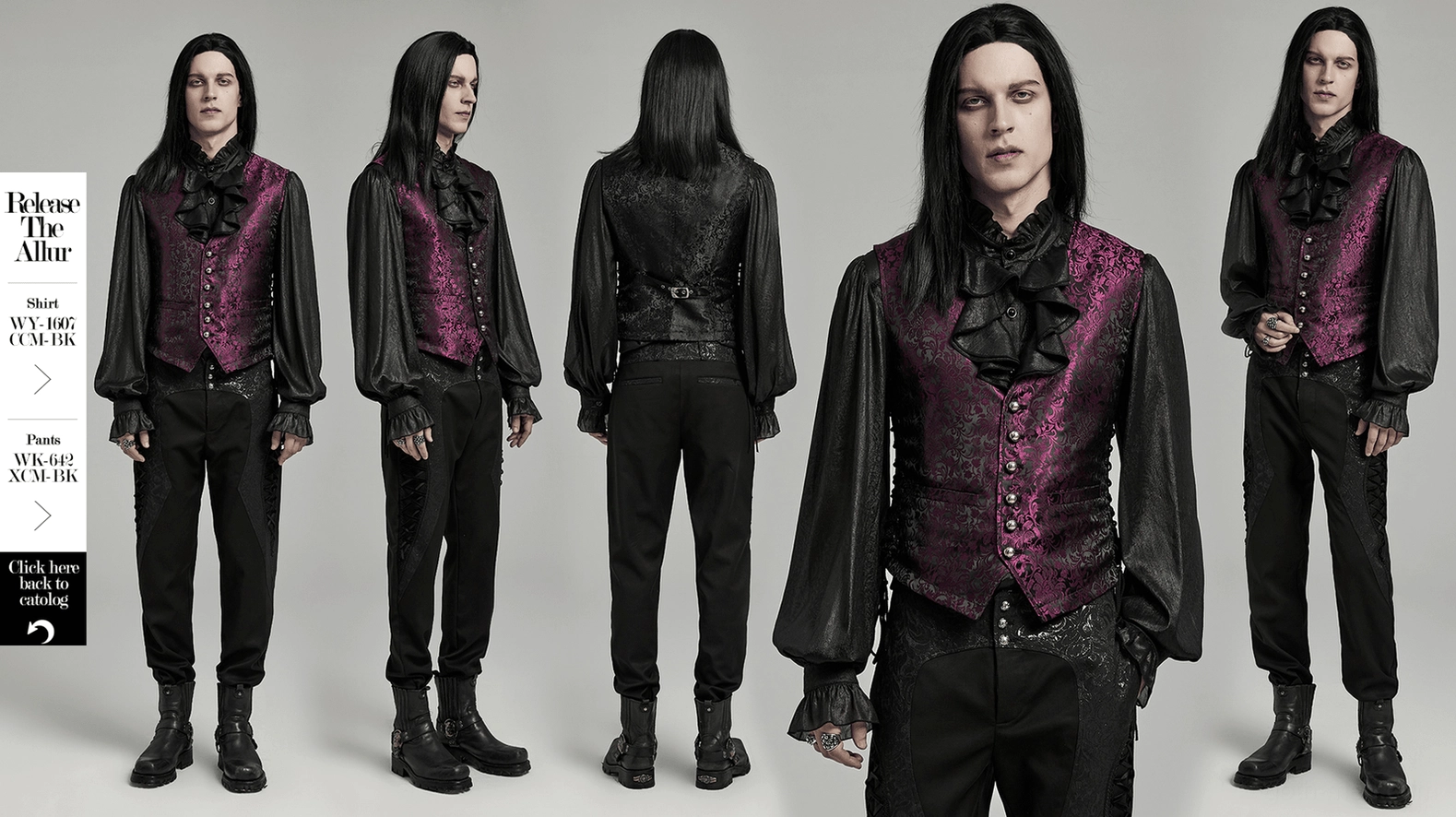 Gothic waistcoat sizing and fit demonstration on male model for alternative fashion