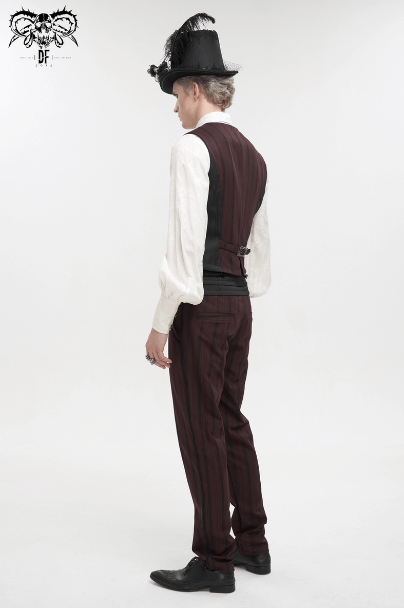 Detailed angle of wine red and black striped gothic waistcoat construction and fitted design