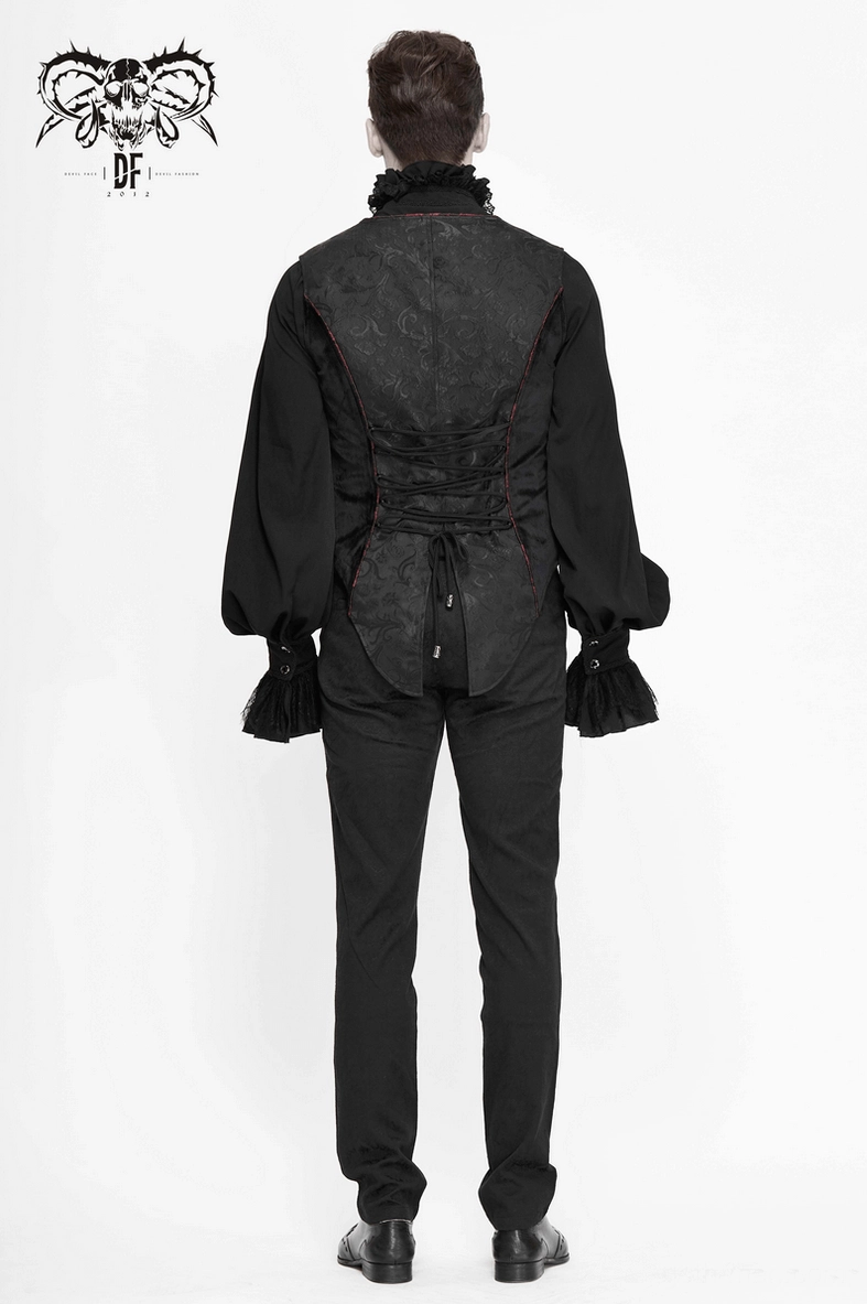 Black gothic waistcoat full length view showing fitted cut architectural design and victorian-inspired details