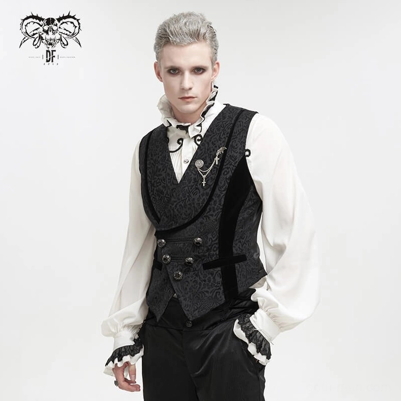 Black jacquard gothic waistcoat styled flat lay showcasing construction quality, velvet elements, and fabric details