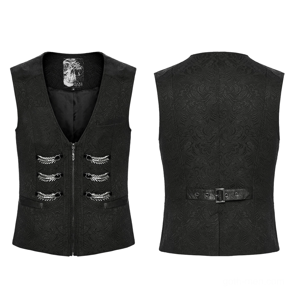 Flat lay front and rear view of black jacquard gothic waistcoat with ornamental metal wing trims and zipper closure