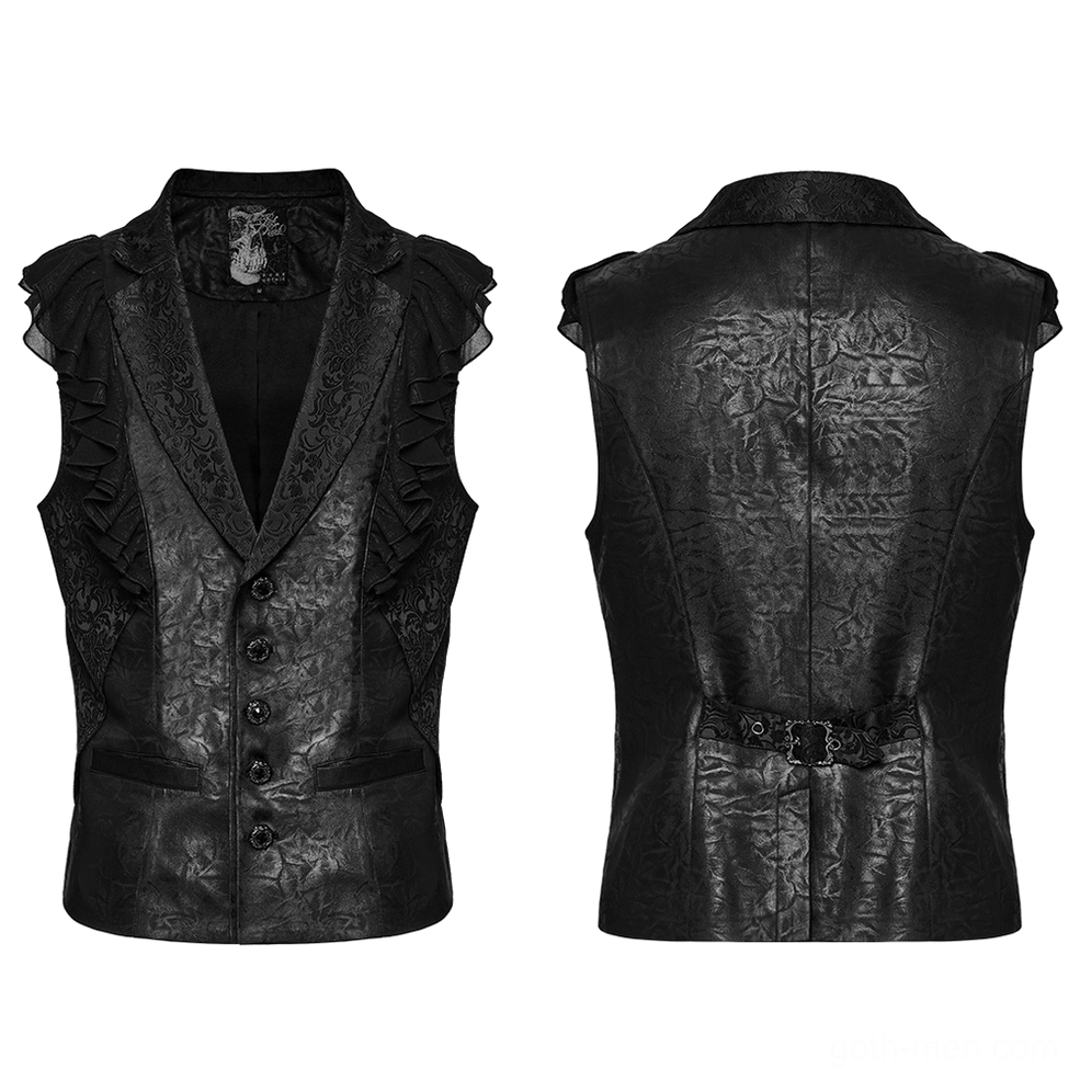 Black gothic waistcoat flat lay showing front and back with ruffled lapel trim and button closure - product detail view