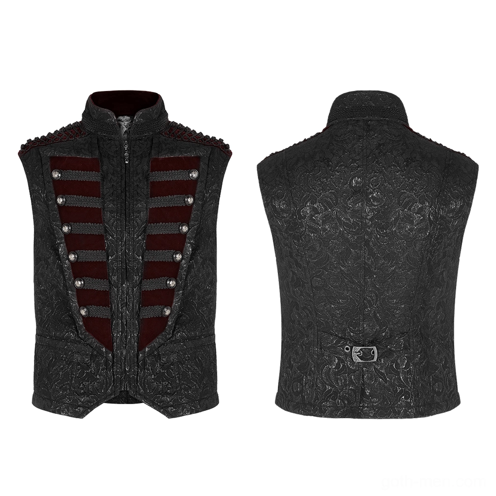 Flat lay of gothic waistcoat showing front and back with red velvet panels and stand collar