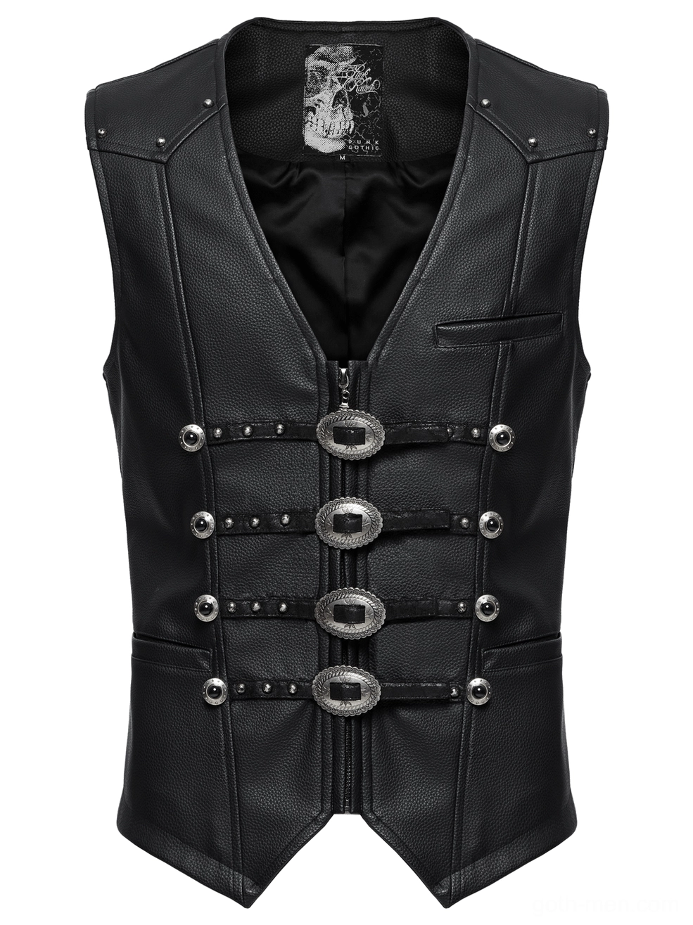Gothic faux leather waistcoat flat lay front view showing riveted metal decorations and brand label