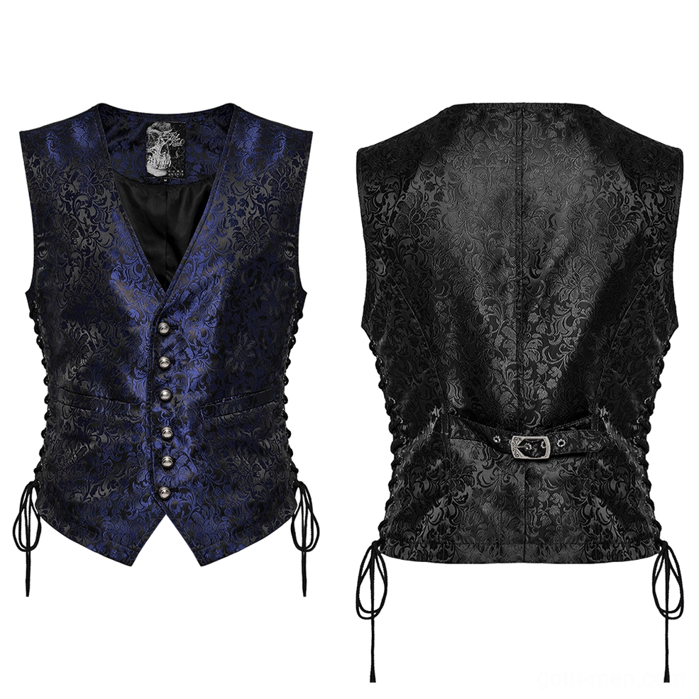 Black-blue jacquard gothic waistcoat flat lay front and rear display showing dual-tone fabric, V-neck cut, metal buttons, and adjustable side drawstrings