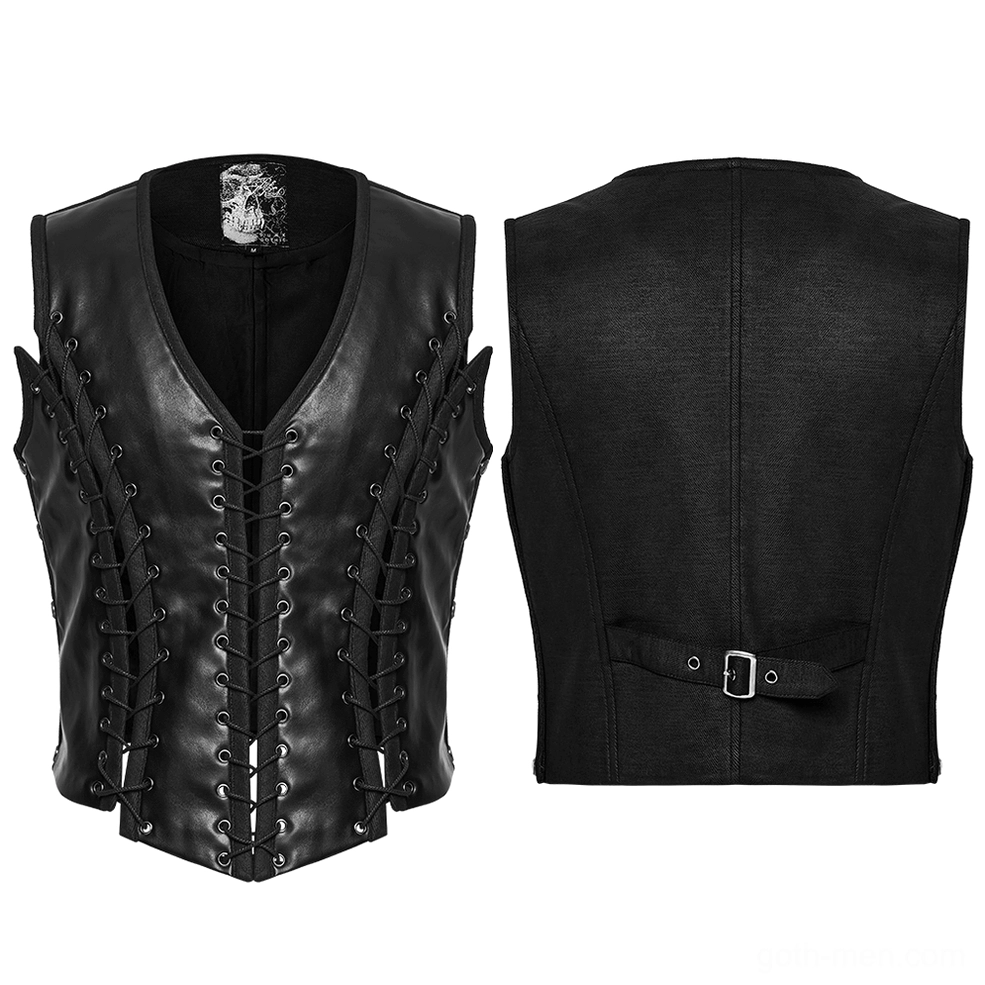 Black gothic waistcoat flat lay front and back displaying lace-up sides and skull lining