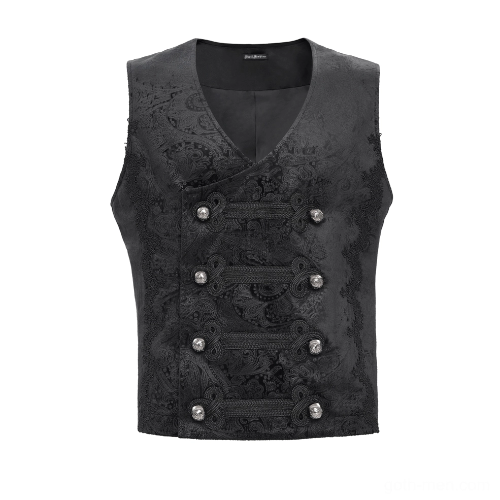 Black gothic waistcoat V-neck detail flat lay showing jacquard brocade pattern and round metal buttons