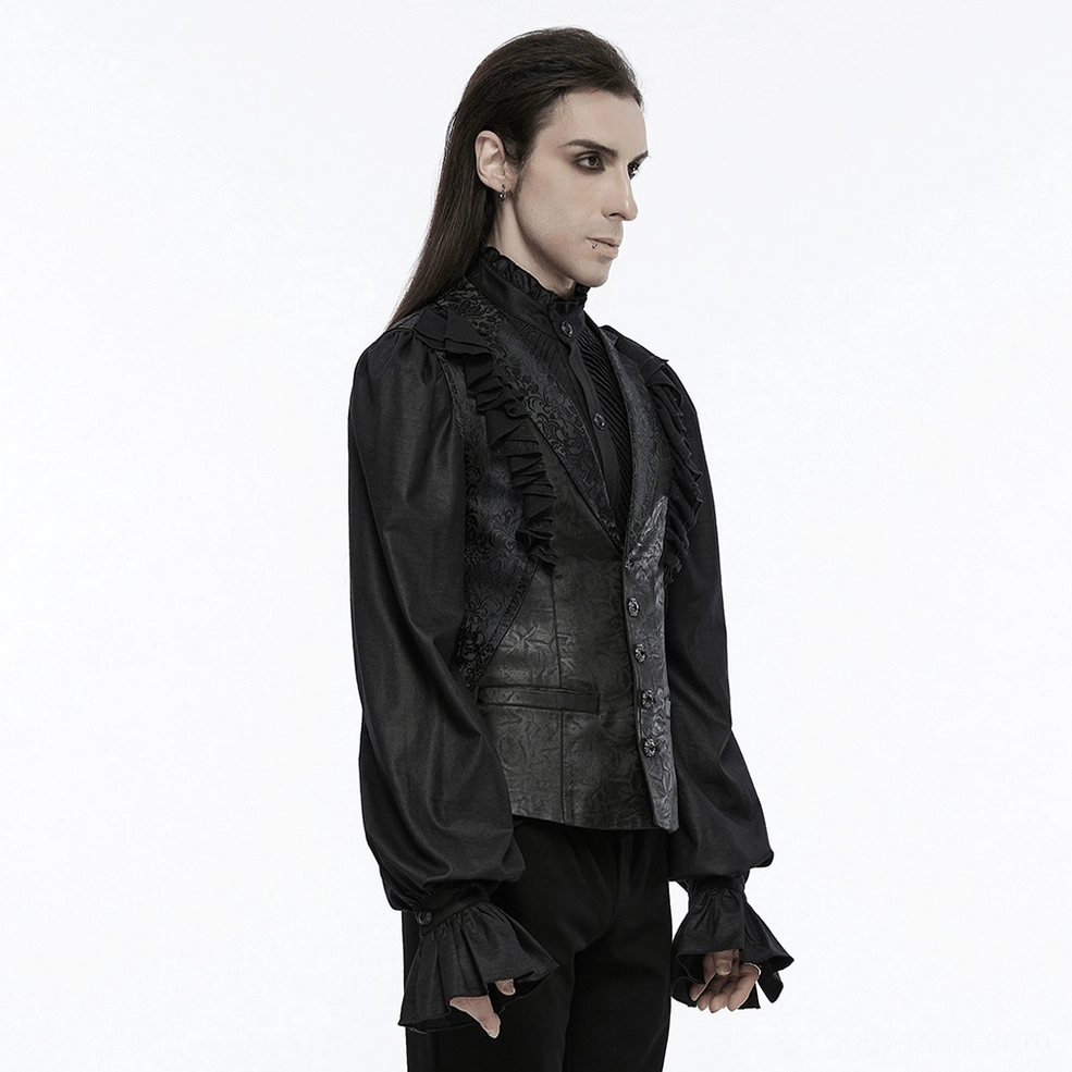 Victorian gothic formal waistcoat showing complete design with notched lapel, buttons, and textured jacquard fabric