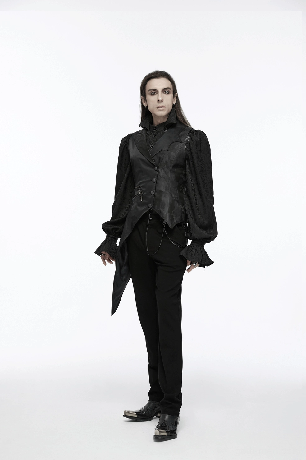 Asymmetric gothic waistcoat paired with formal black trousers and chains for professional goth styling inspiration