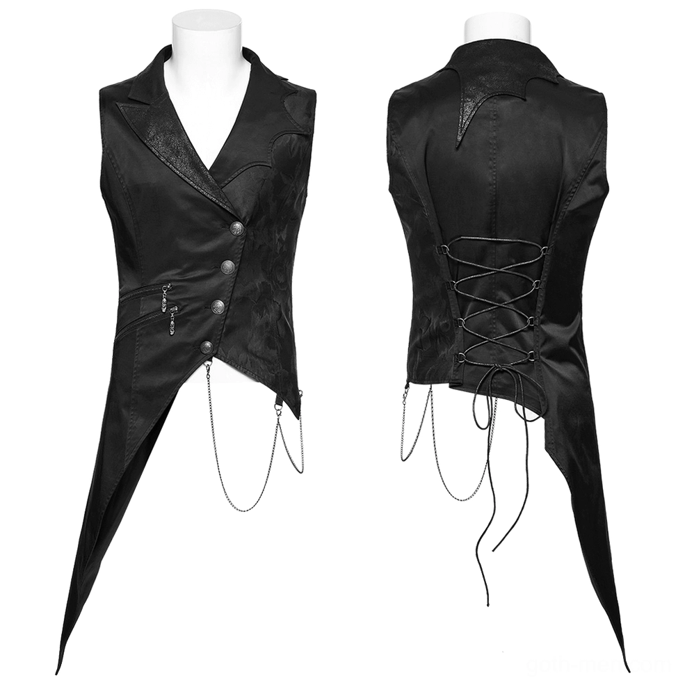 Black gothic waistcoat front and back combined view showing asymmetric hemline, metal buttons, and decorative chain details