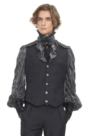 Black pinstriped gothic waistcoat men front view worn with ruffled shirt and matching trousers