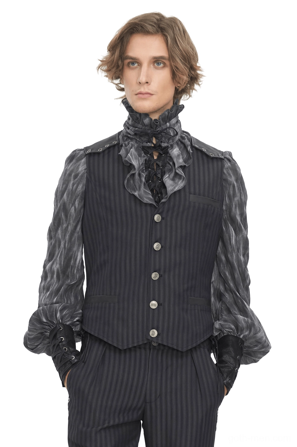 Black pinstriped gothic waistcoat men front view worn with ruffled shirt and matching trousers