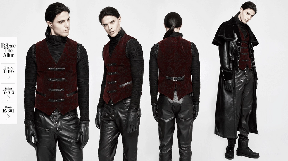 Gothic waistcoat front close-up on model showing damask print quality and braided toggle button details