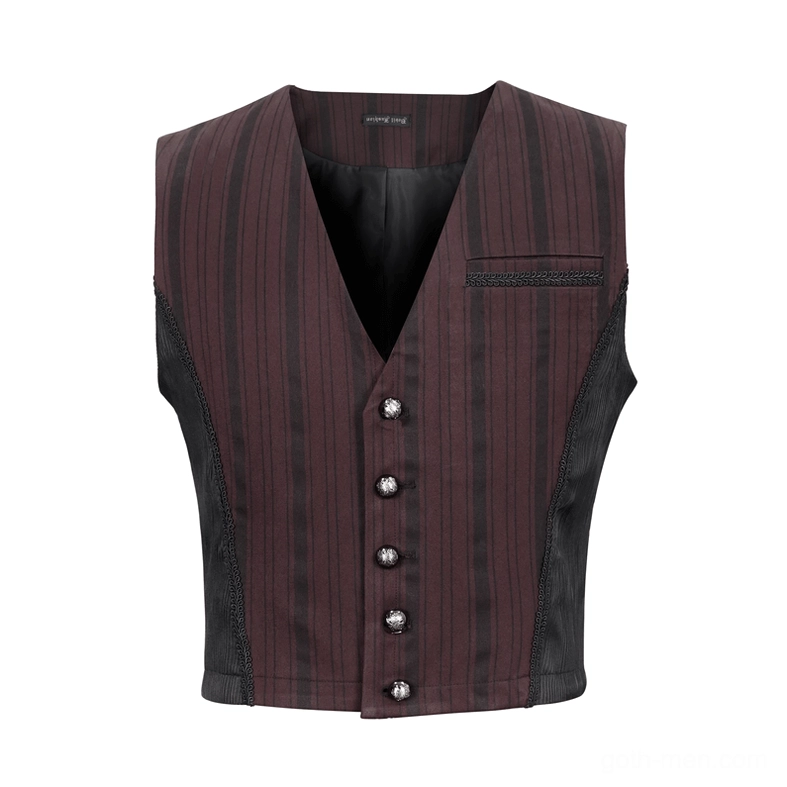 Close-up front view of gothic waistcoat showing decorative breast pocket, metal button hardware, and V-neck neckline with black side panels
