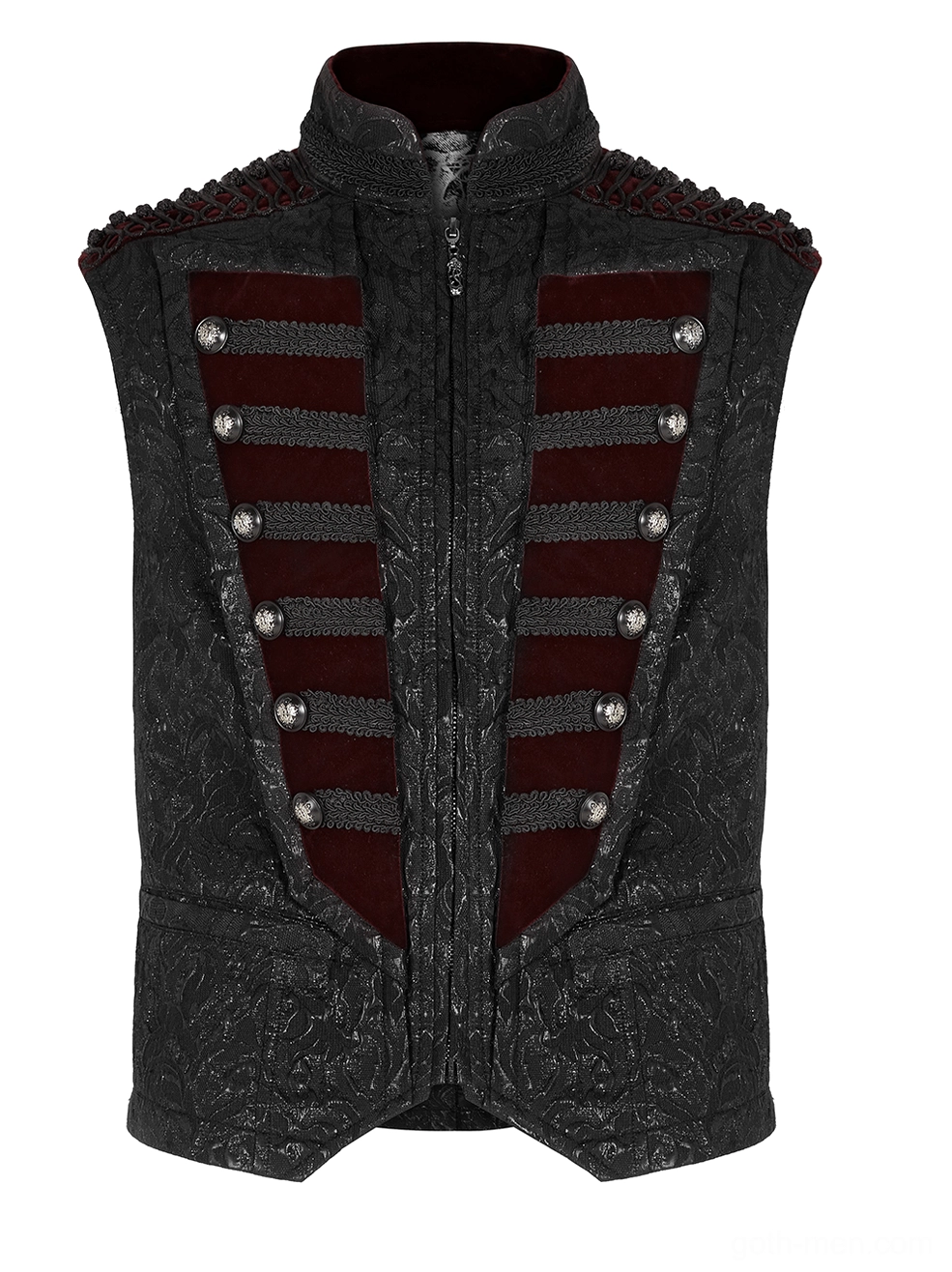 Front view of black jacquard gothic vest with red velvet center panels and metal buttons